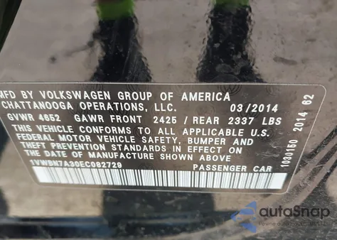 2014 Volkswagen Passat 2.0L Tdi Se из США, поврежденный, VIN 1VWBN7A30EC082729